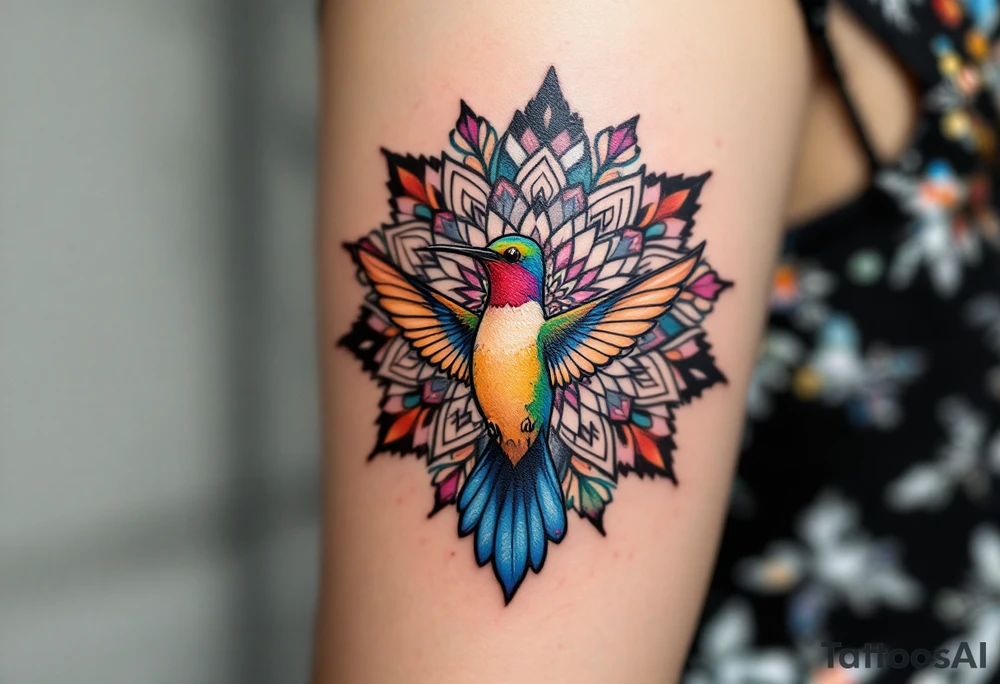 Colorful hummingbird centered in front of a mandala design tattoo idea