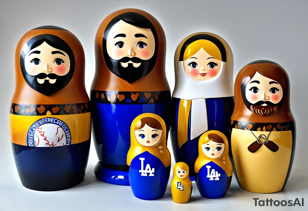 Matryoshka doll family. Each doll is designed based on this description. Father (biggest doll) has full beard, blue eyes, short brown hair, loves LA Dodgers. Mother (second biggest doll) has blonde bob, blue eyes, thick rimmed black glasses, loves leopard print. Son is 4 years old, blue eyes, blonde spiky hair, loves Paw Patrol. Daughter is 2 years old, blue eyes, long eyelashes, short light brown bob, loves Bluey. tattoo idea