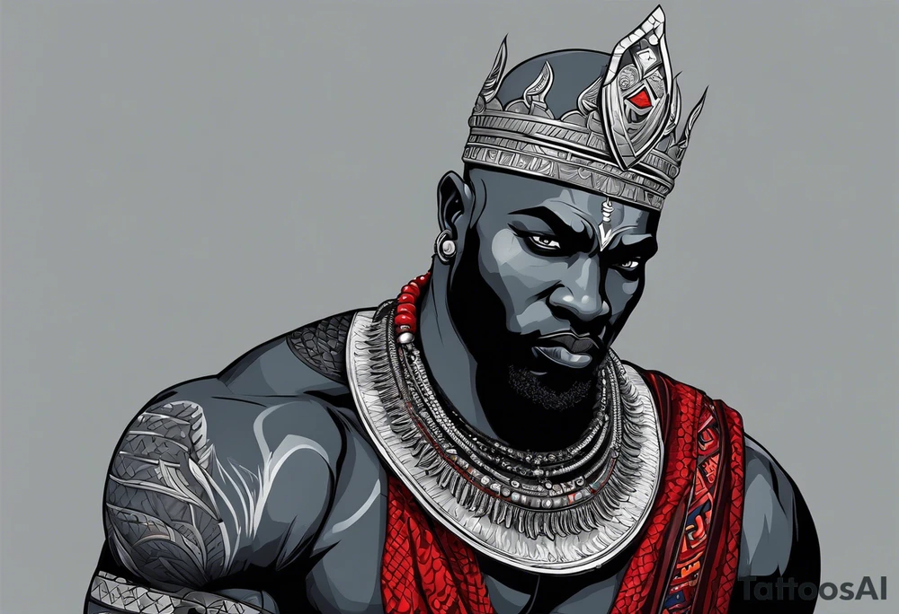 Black-skinned bald african god of war. He has a silver crown. He wears two simple necklaces: one blue, other red. Looking front tattoo idea