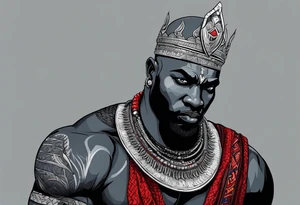 Black-skinned bald african god of war. He has a silver crown. He wears two simple necklaces: one blue, other red. Looking front tattoo idea
