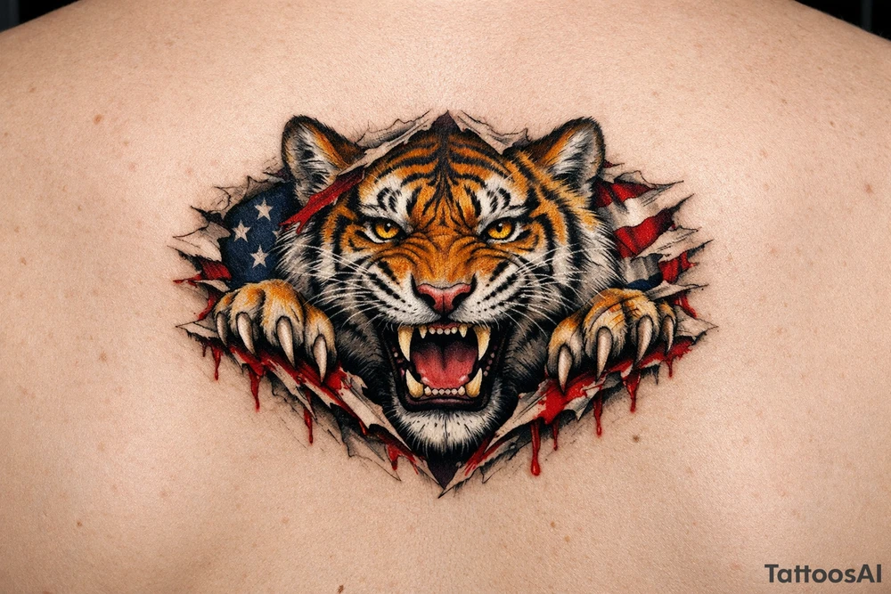 Tiger ripping throught the chest with the American Flag in the background. Almost like the Amercian Flag is the blood of the body. Make it bigger and add color. The tiger should be more front. So the ears are out from the body. Bigger. This is on the chest. Not the back. tattoo idea