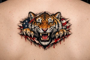 Tiger ripping throught the chest with the American Flag in the background.  Almost like the Amercian Flag is the blood of the body.  Make it bigger and add color.  The tiger should be more front.  So the ears are out from the body.  Bigger.  This is on the chest.  Not the back. tattoo idea