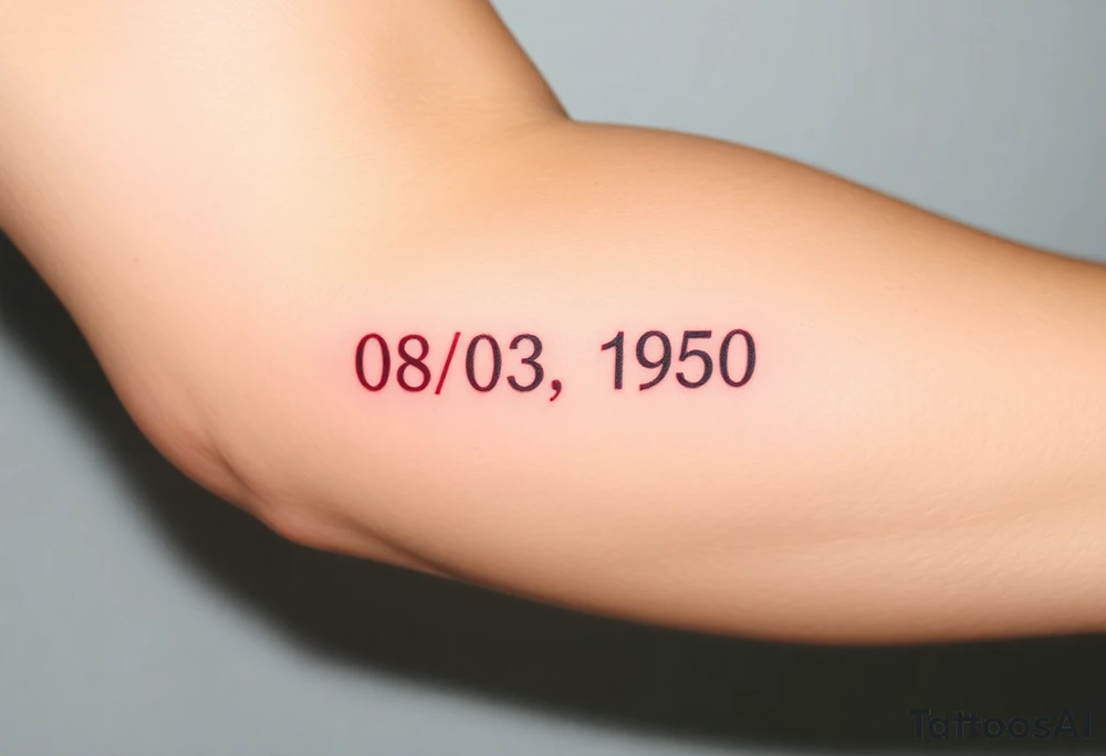 “Quero uma tatuagem no antebraço, simples e pequena. Deve ter a data de nascimento do meu avô 08/03/1950 escrita em vermelho, seguida de um traço reto e, à frente, o símbolo de infinito em preto com detalhes em branco. O design deve ser minimalista, com letras elegantes e proporcionais, mantendo um aspeto discreto.” tattoo idea