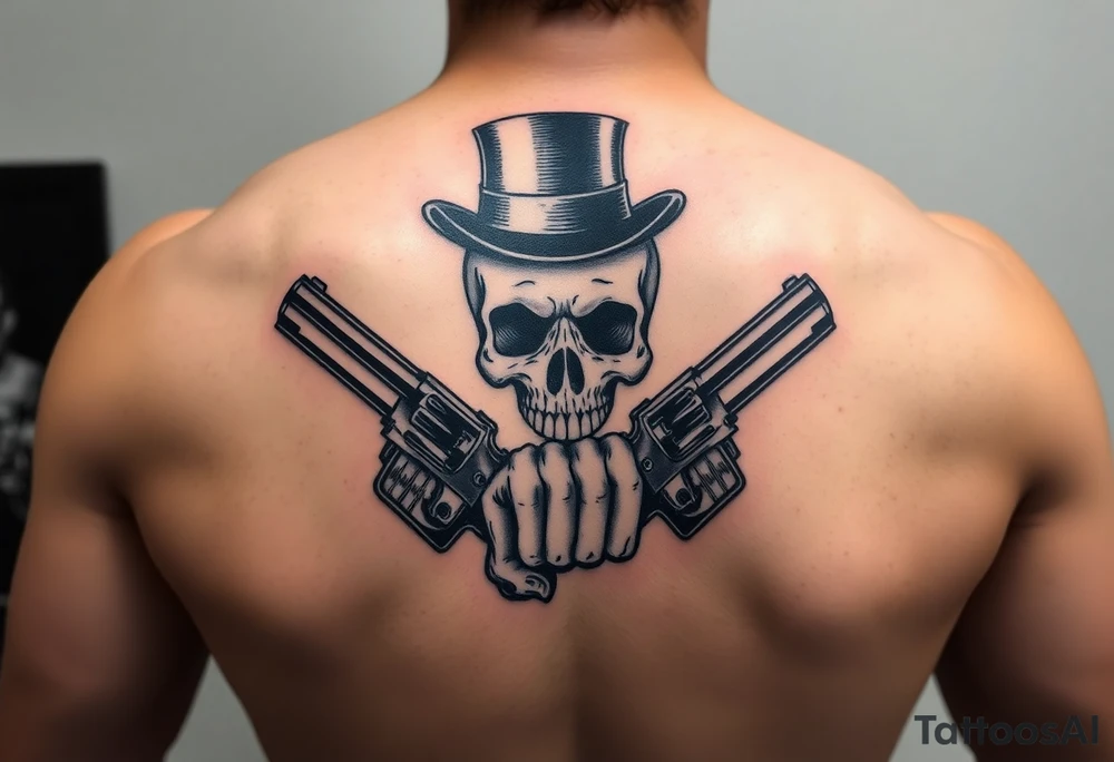 voodoo skull, top hat, dead mans card hand, six guns tattoo idea