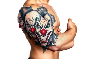 creative collage of different emotional clown faces tattoo idea