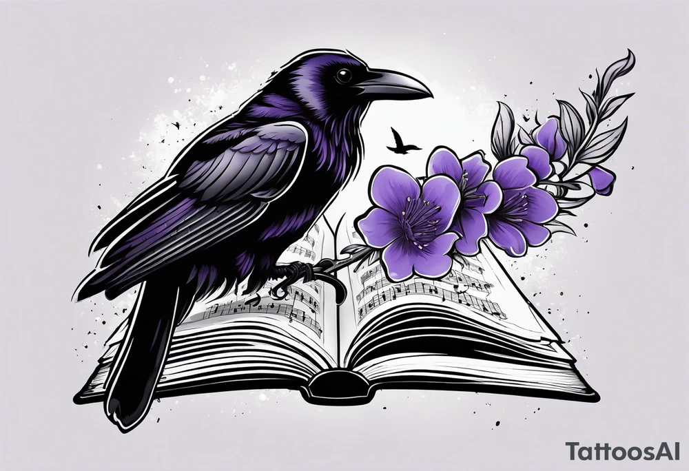 an open book with a small raven flying over, a pawn piece to the right, a single music note and a lavender flower on top of the book tattoo idea