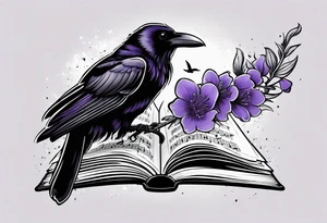 an open book with a small raven flying over, a pawn piece to the right, a single music note and a lavender flower on top of the book tattoo idea