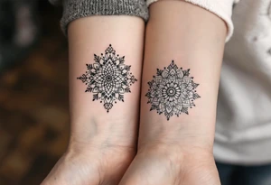Each person wears half of a mandala heart, in black and gray dotwork, which completes when placed together.
Placement: Inner bicep or chest. tattoo idea