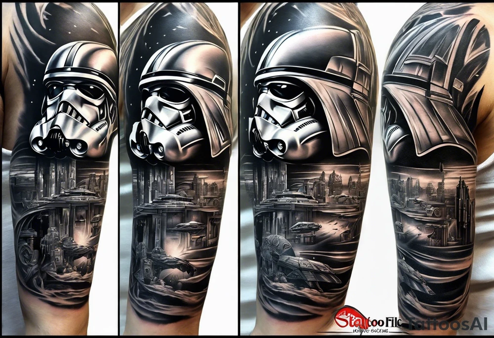 Full arm sleeve tattoo extending from shoulder to wrist that is all Star Wars Episode 3 themed tattoo idea Full arm sleeve tattoo extending from shoulder to wrist that is all Star Wars Episode 3 themed tattoo idea