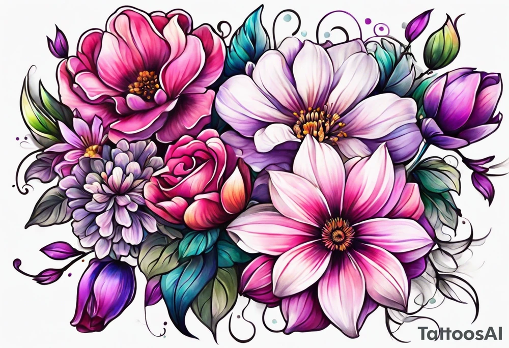 Bright, colorful, lots of pinks and purples flower arm tattoo tattoo idea