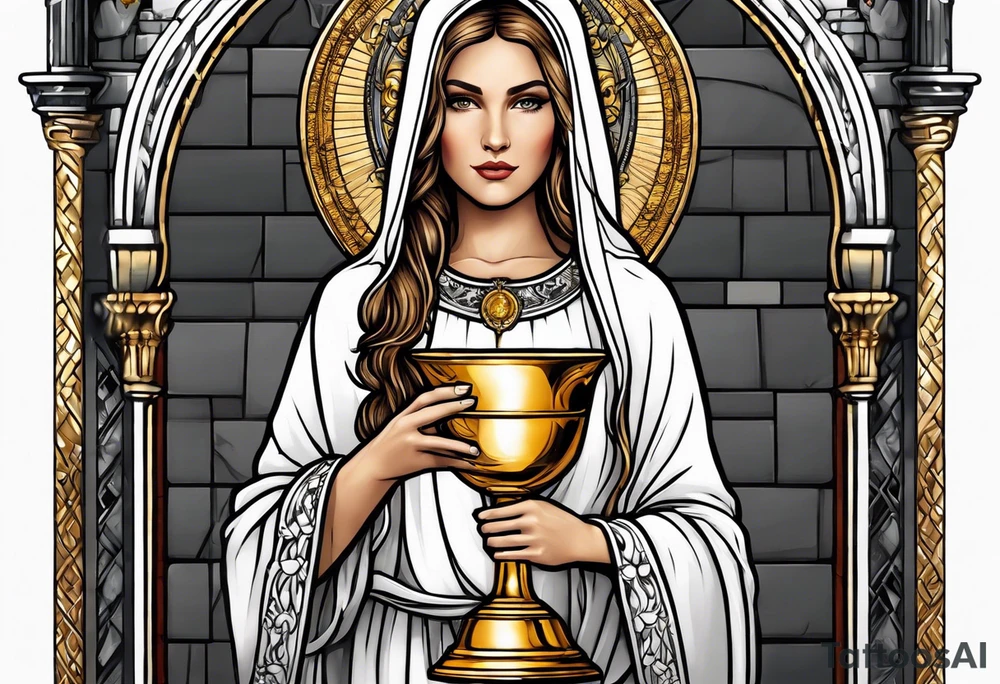 woman saint holding chalice surrounded by golden halo with a tower tattoo idea