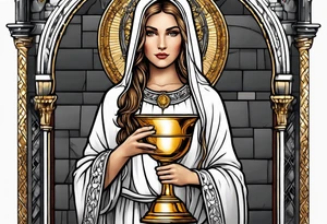 woman saint holding chalice surrounded by golden halo with a tower tattoo idea