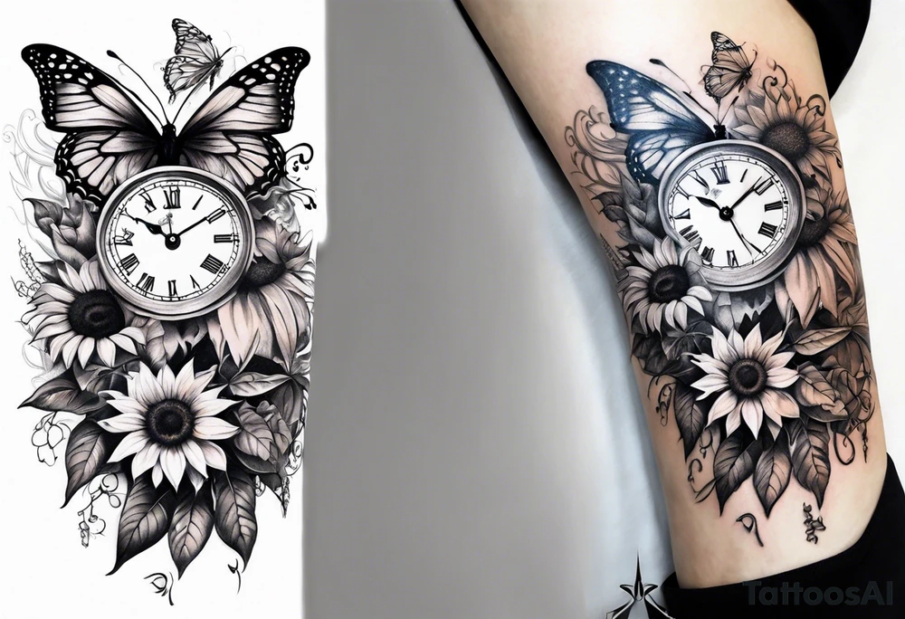 Sleeve with clock, sunflower and butterfly tattoo idea