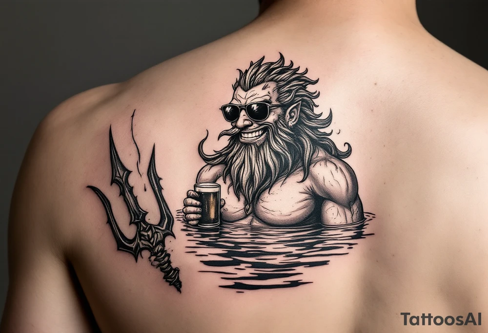 smiling poseidon in calm water, holding a trident, holding a beer, with sunglasses tattoo idea