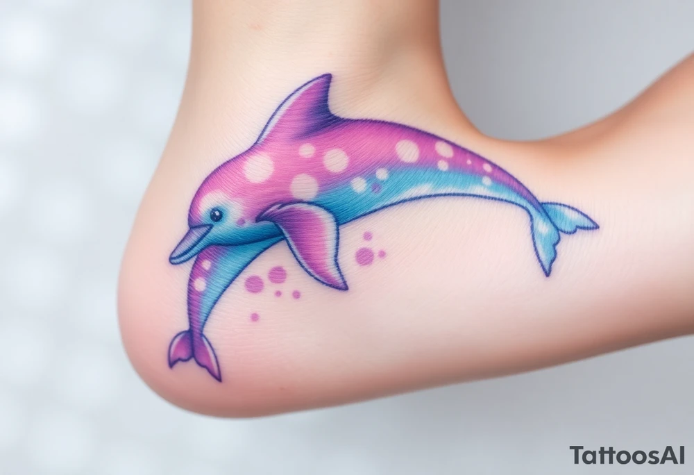 A soft watercolor dolphin in pastel shades of purple and sky-blue, evoking a dreamy, ethereal effect tattoo idea