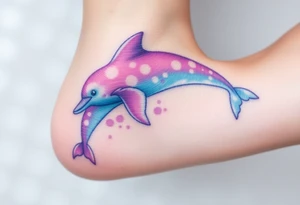 A soft watercolor dolphin in pastel shades of purple and sky-blue, evoking a dreamy, ethereal effect tattoo idea