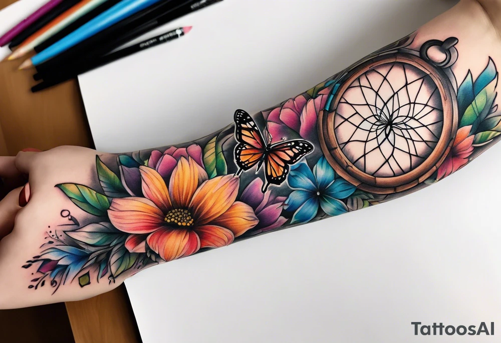 arm sleeve with dreamcatcher, rainbow flowers and one butterfly tattoo idea