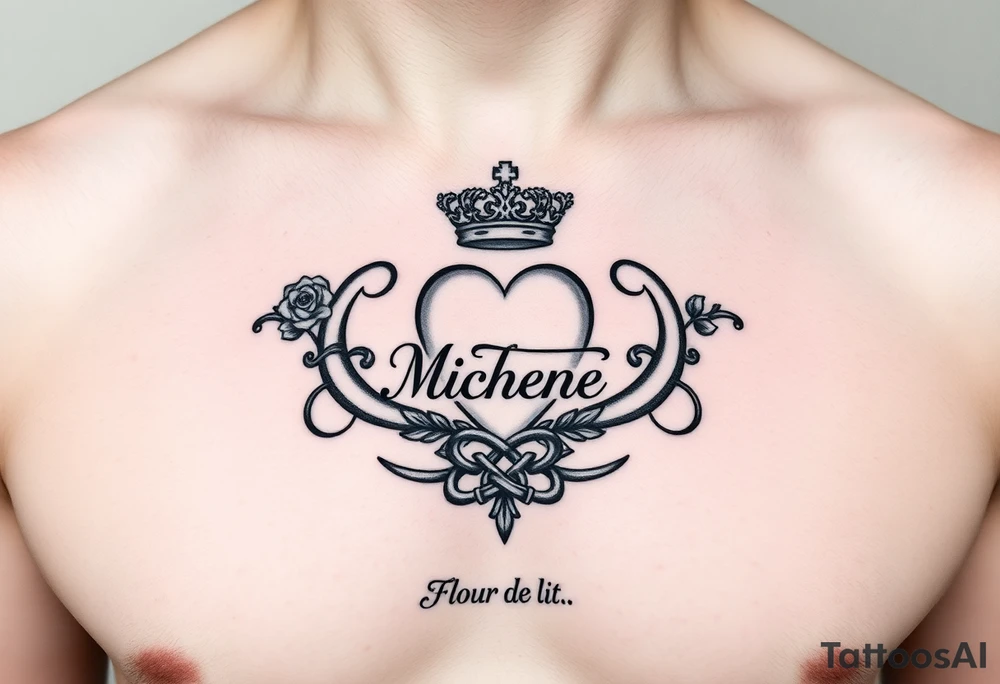 Claddagh placed on a man’s chest. Name Michelle placed between the heart and the crown. Irish rose and Celtic knot incorporated into the design. Flour de lit. Mo ghrá go deo written at the very bottom. tattoo idea