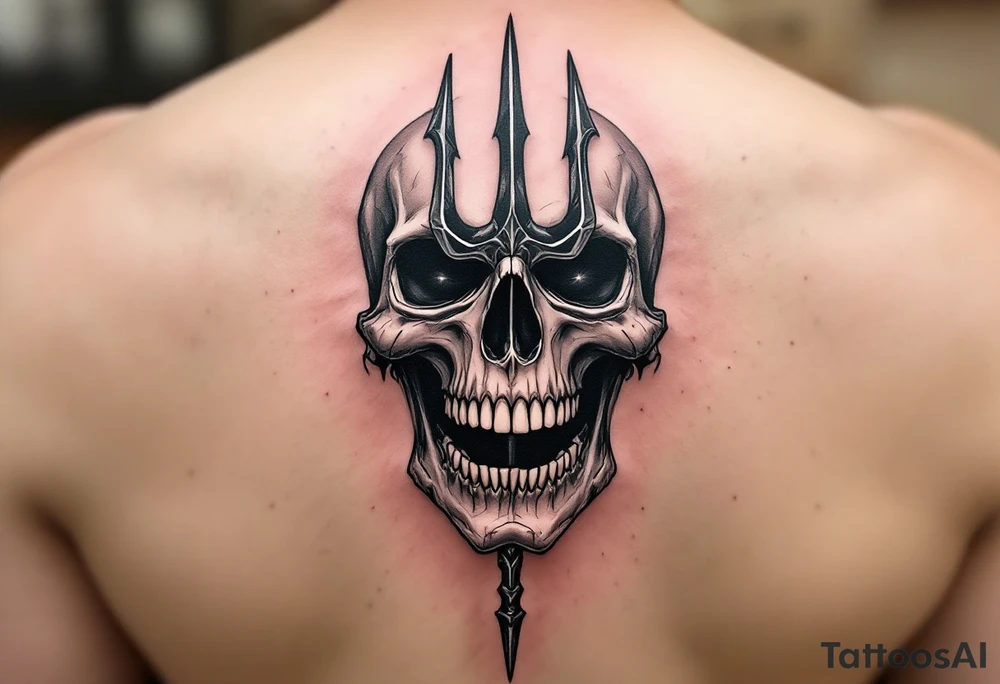 laughing skeleton face behind trident tattoo idea