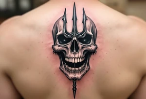 laughing skeleton face behind trident tattoo idea