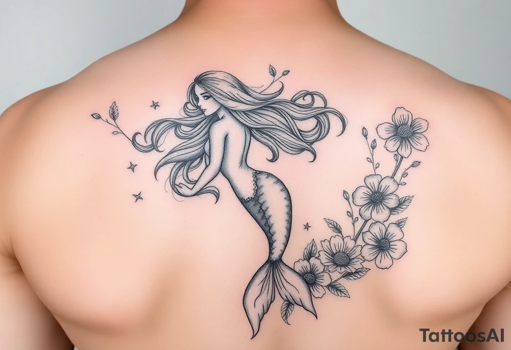 ethereal mermaid with flowing hair among coral and sea flowers tattoo idea