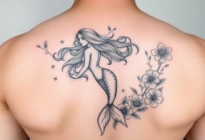 ethereal mermaid with flowing hair among coral and sea flowers tattoo idea