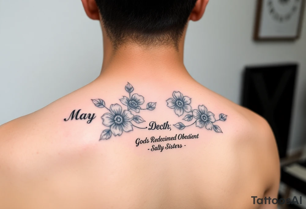 Smaller tattoo with May and December birth month flowers and the saying Gods Redeemed Obedient Salty Sisters aligned to the left tattoo idea