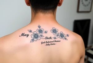 Smaller tattoo with May and December birth month flowers and the saying Gods Redeemed Obedient Salty Sisters aligned to the left tattoo idea
