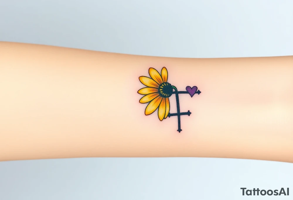 Simple yellow daisy with Purple Hearts & cross tattoo idea