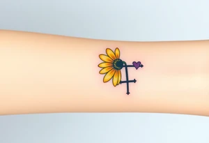 Simple yellow daisy with Purple Hearts & cross tattoo idea