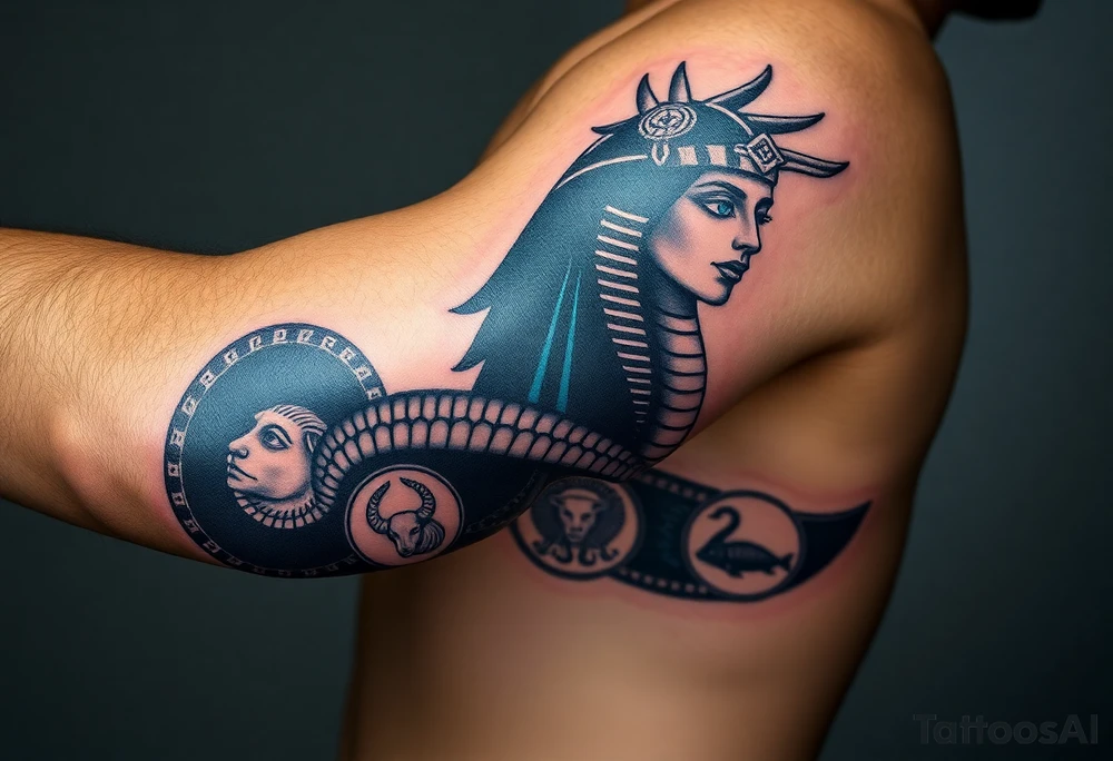 A DSLR photo of a full upper arm tattoo on a man's right arm, from neck to below the elbow. The tattoo shows the Egyptian goddess Renenutet with a serene and powerful female face, shaded with lifelike detail. Her eyes are vivid blue with white highlights. She wears a war crown (Mut or Isis style, with horns and a solar disk), and an ankh on the forehead. Her hair blends into a cobra hood that transitions into the serpent’s body wrapping around the entire arm. The cobra’s scales are deeply shaded black with white edge accents and subtle blue highlights on the back. The body coils protectively around the forearm, encircling three symbols: twin faces (Gemini), a lion’s head in relief (Leo), and a Capricorn with a horned goat and fish tail, each embedded in the snake’s body or stylized medallions. The tattoo glows slightly with white ink accents, giving it a vibrant, almost living presence. Photographed in soft studio lighting to highlight texture and shading, with visible skin grain and depth of ink. tattoo idea