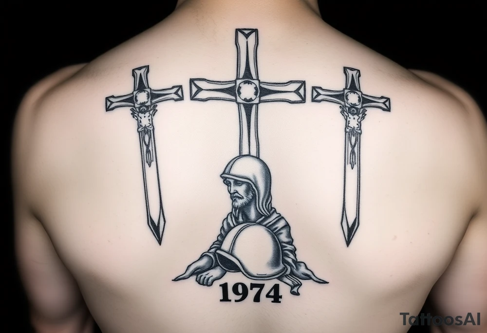 Three crosses the center one being longer than the others a soldier helmet on the ground in the middle of the crosses Jesus side profile behind it with 1974 in Roman numerals in the middle of the three crosses tattoo idea