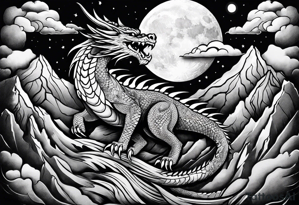 Mexican dragon flying over a mountain and around the moon arm sleeve tattoo idea