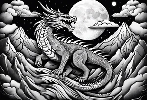 Mexican dragon flying over a mountain and around the moon arm sleeve tattoo idea