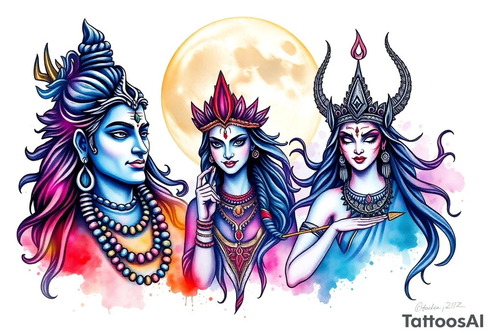 Lord Shiva, Godess Kali, Godess Lilith Together with the moon in the background tattoo idea