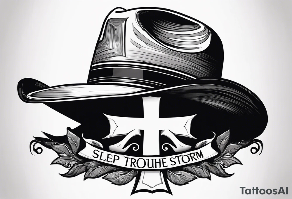 Wood cross resting on a cowboy hat. With the saying sleep through the storm tattoo idea