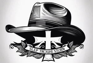 Wood cross resting on a cowboy hat. With the saying sleep through the storm tattoo idea
