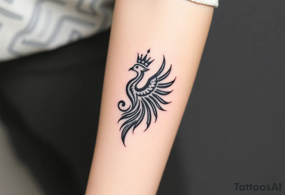Pheonix wearing a crown with flowy long tail tattoo idea