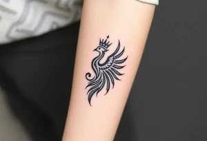 Pheonix wearing a crown with flowy long tail tattoo idea