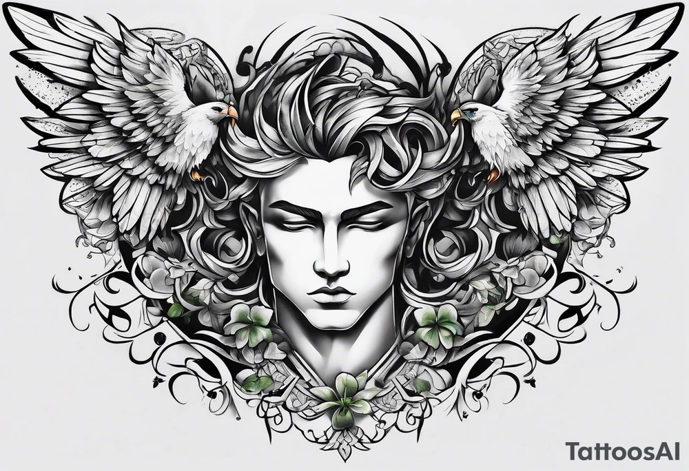 mens chest tattoo with 4 leaf clovers on the collar bone, wings on the shoulders and two faces on in the middle with shading tattoo idea