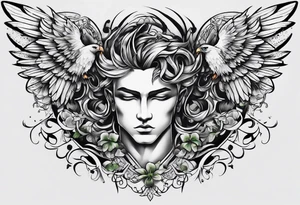 mens chest tattoo with 4 leaf clovers on the collar bone, wings on the shoulders and two faces on in the middle with shading tattoo idea
