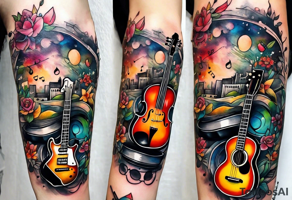 1/4 sleeve length
music notes, a cassette tape, and
instruments tattoo idea