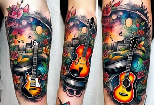 1/4 sleeve length
music notes, a cassette tape, and
instruments tattoo idea