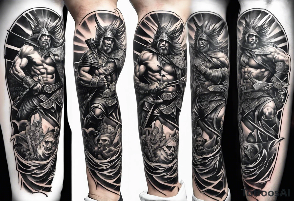Leg sleeve tattoo of warriors from
Different eras tattoo idea