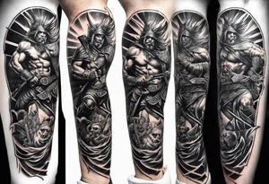 Leg sleeve tattoo of warriors from
 Different eras tattoo idea