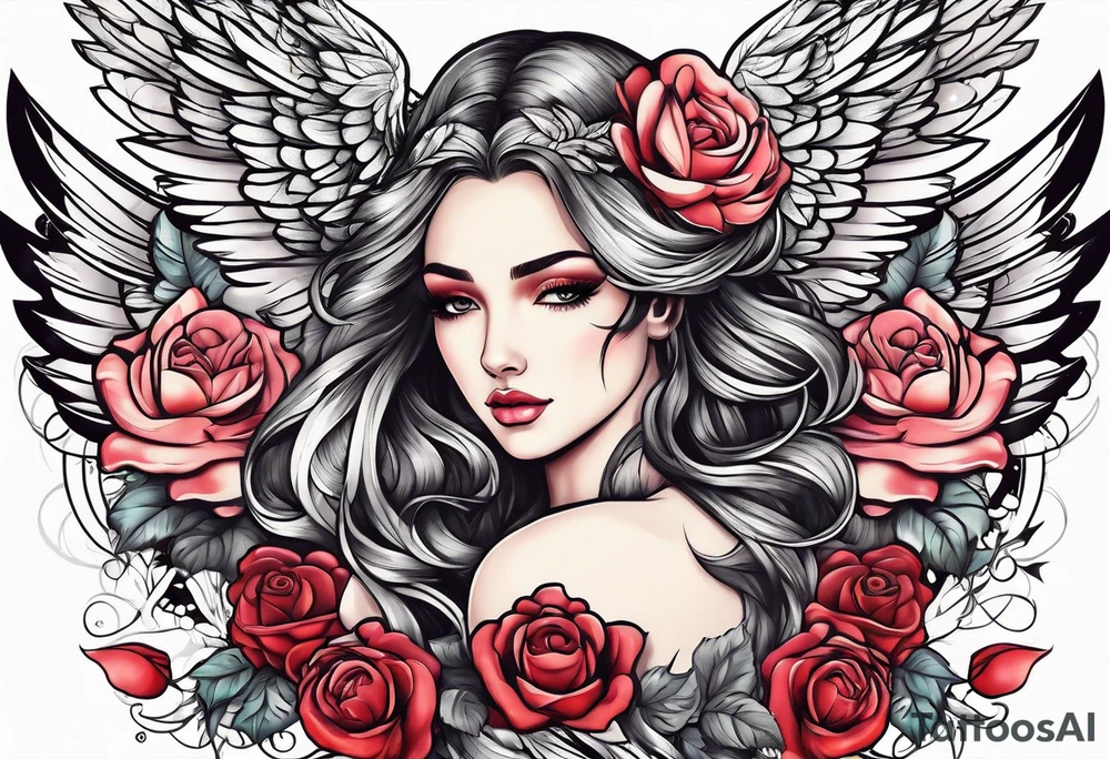 Beautiful woman angle with wings standing surrounded by roses tattoo idea