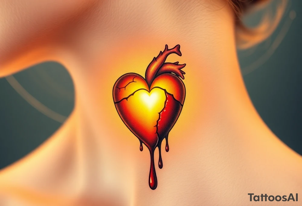 A bright golden heart, surrounded by soft, heavenly light, contrasted with a cracked, bleeding heart, dripping with deep crimson and black ink, signifying the contrast between joy and sorrow, life and death. tattoo idea