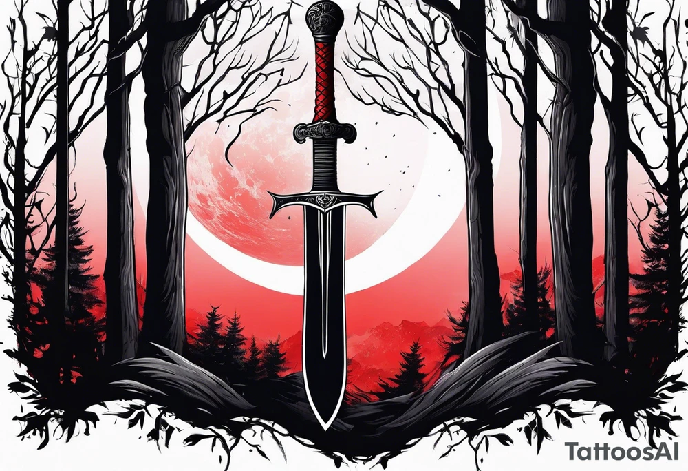 Sword with red moon behind it in the woods tattoo idea
