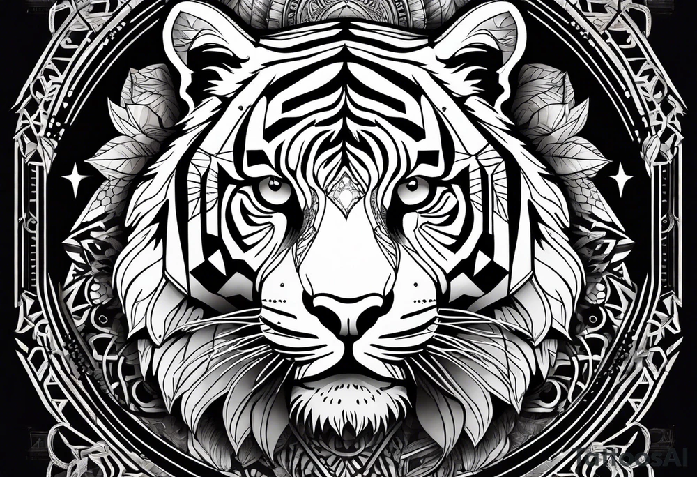 Tiger silhouette with sacred geometry and shapes. Tree of Life growing through the tiger tattoo idea