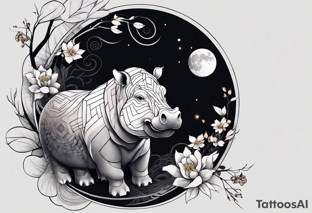 Very asymmetrical, +geometric pattern, with realistic full moon, with seeious looking hippo, +zen feel, + Buddhism touch, +tribal, +geometric, +chinese ink art 
with wintersweet flower bud, +portrait orientation, +inkart touch, tattoo idea
